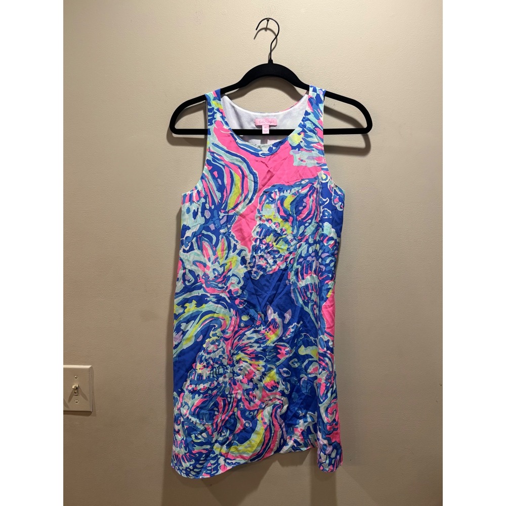 Lilly Pulitzer Silk Shift Dress XS Blue Pink Sea Shell Print Sleeveless Resort